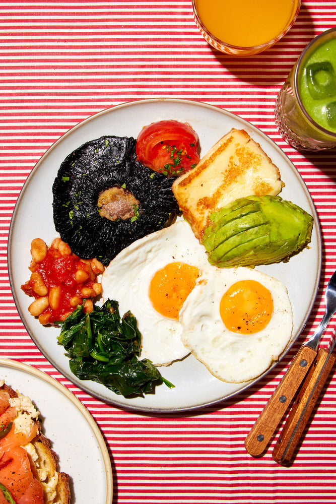 Healthy vegetarian fry-up served with fresh juice at Casa Linda Italian restaurant